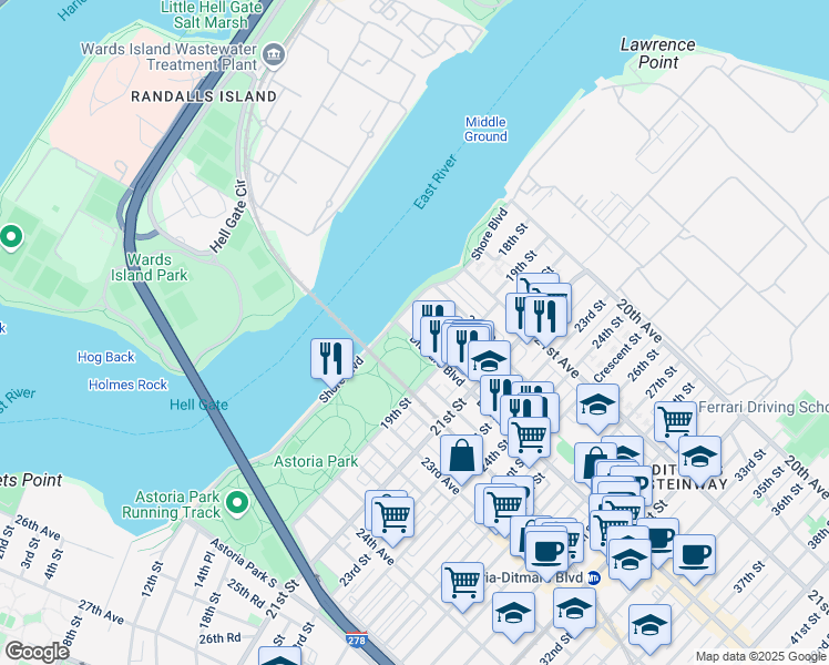 map of restaurants, bars, coffee shops, grocery stores, and more near 18-37 Ditmars Boulevard in Queens