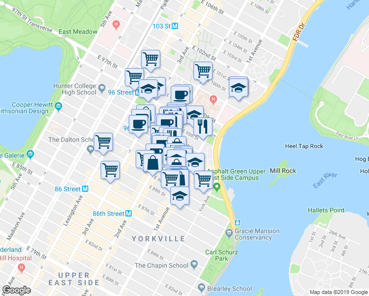 map of restaurants, bars, coffee shops, grocery stores, and more near 327 East 93rd Street in New York