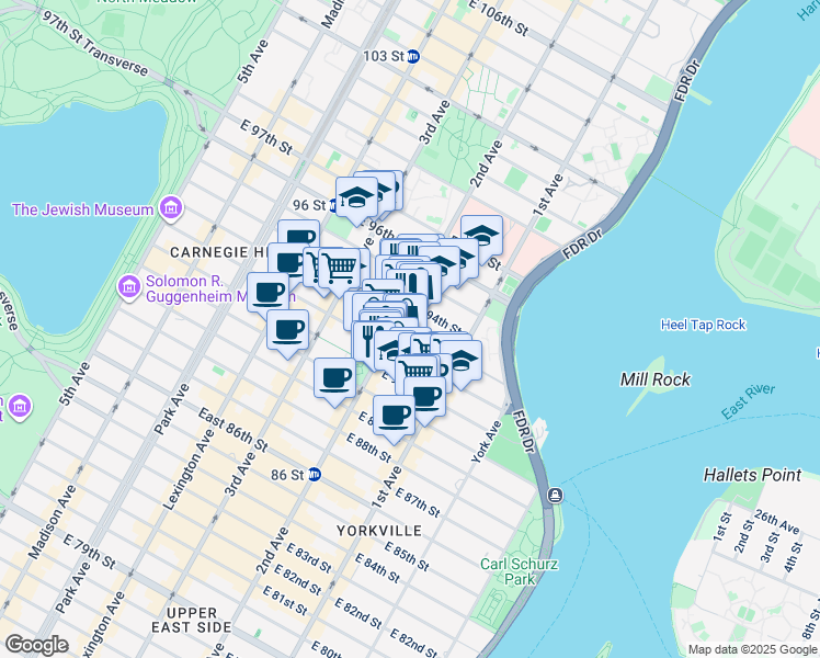 map of restaurants, bars, coffee shops, grocery stores, and more near 240 East 93rd Street in New York
