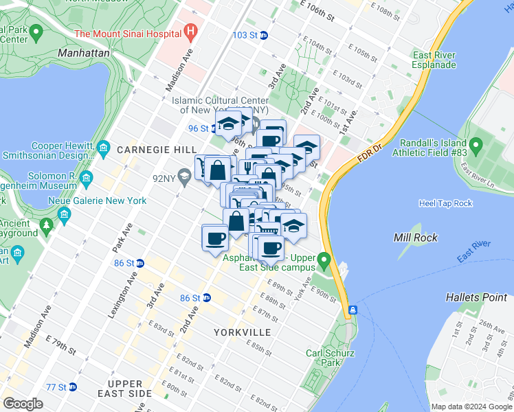 map of restaurants, bars, coffee shops, grocery stores, and more near 240 East 93rd Street in New York