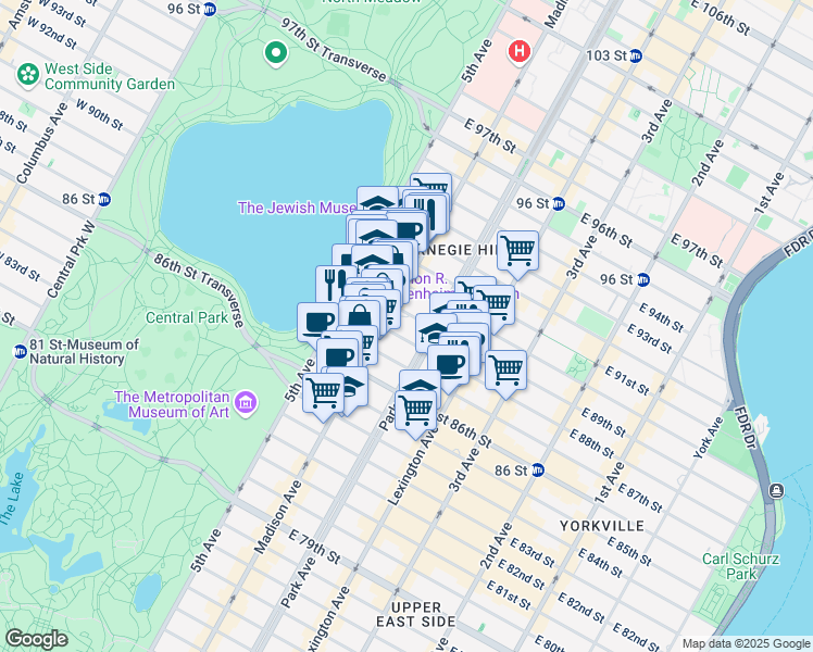 map of restaurants, bars, coffee shops, grocery stores, and more near 49 East 88th Street in New York