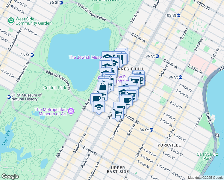 map of restaurants, bars, coffee shops, grocery stores, and more near 49 East 88th Street in New York