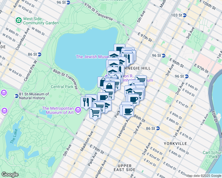 map of restaurants, bars, coffee shops, grocery stores, and more near 11 East 87th Street in New York