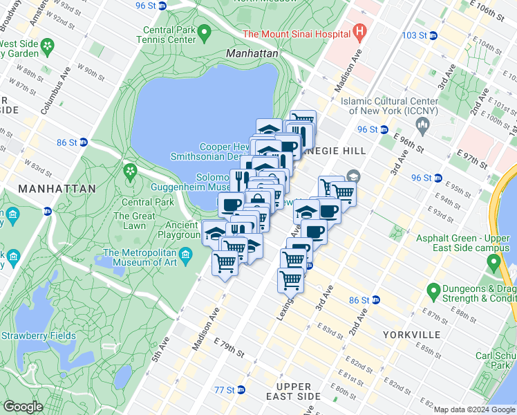 map of restaurants, bars, coffee shops, grocery stores, and more near 11 East 87th Street in New York