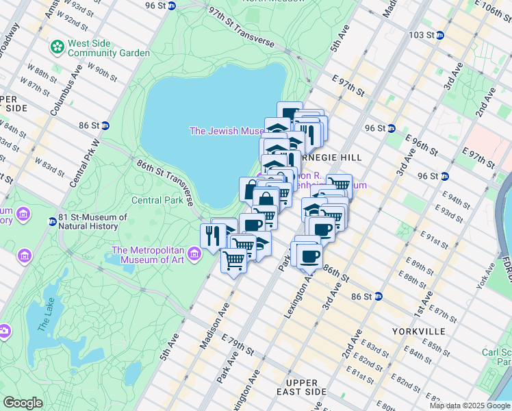 map of restaurants, bars, coffee shops, grocery stores, and more near 11 East 87th Street in New York