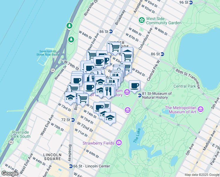 map of restaurants, bars, coffee shops, grocery stores, and more near 129 West 78th Street in New York