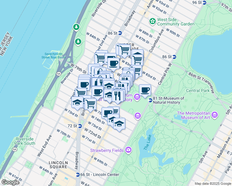 map of restaurants, bars, coffee shops, grocery stores, and more near 129 West 78th Street in New York