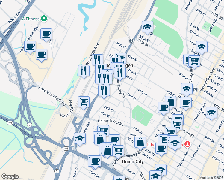 map of restaurants, bars, coffee shops, grocery stores, and more near 1701 43rd Street in North Bergen