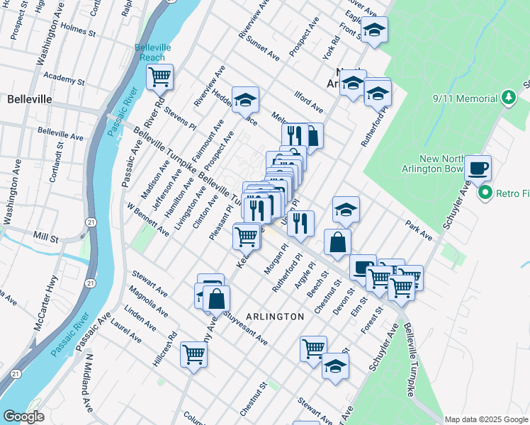 map of restaurants, bars, coffee shops, grocery stores, and more near 212 Belleville Turnpike in Kearny