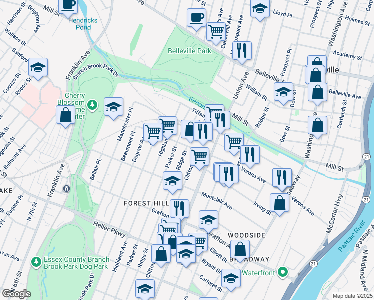 map of restaurants, bars, coffee shops, grocery stores, and more near 825 Ridge Street in Newark