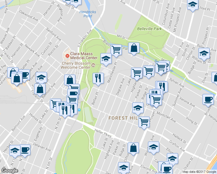 map of restaurants, bars, coffee shops, grocery stores, and more near 69 Manchester Place in Newark