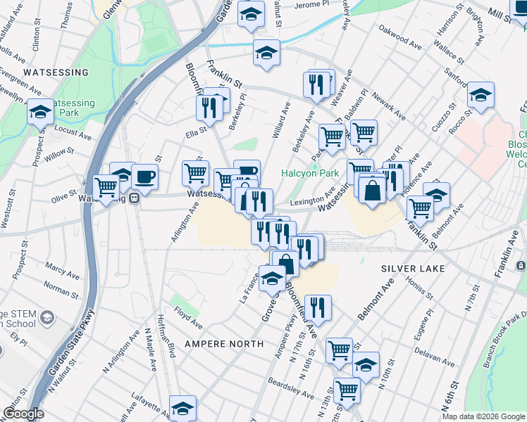map of restaurants, bars, coffee shops, grocery stores, and more near 175 Watsessing Avenue in Bloomfield