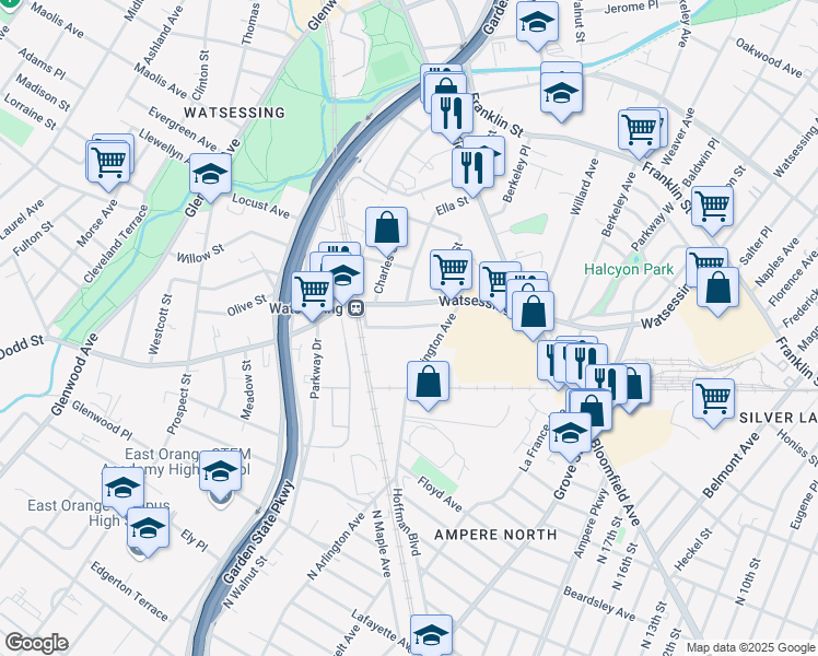 map of restaurants, bars, coffee shops, grocery stores, and more near 55 Arlington Avenue in Bloomfield