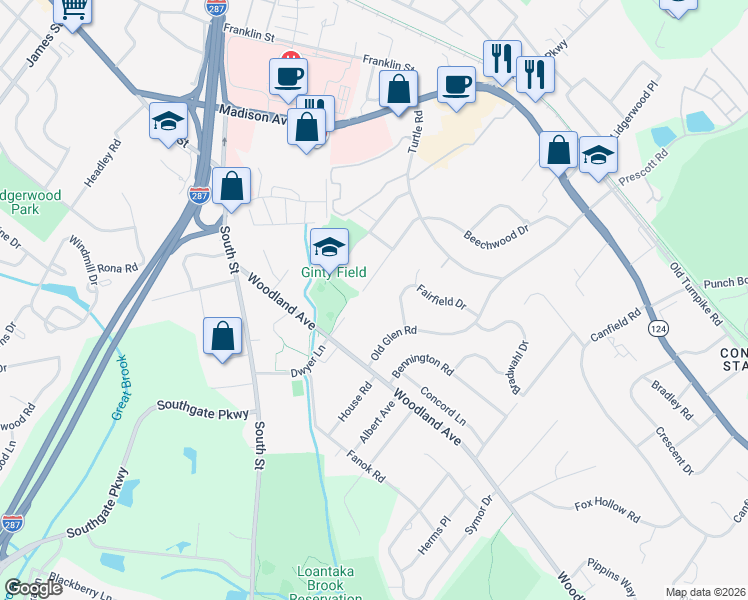 map of restaurants, bars, coffee shops, grocery stores, and more near 3 Fairfield Drive in Morristown