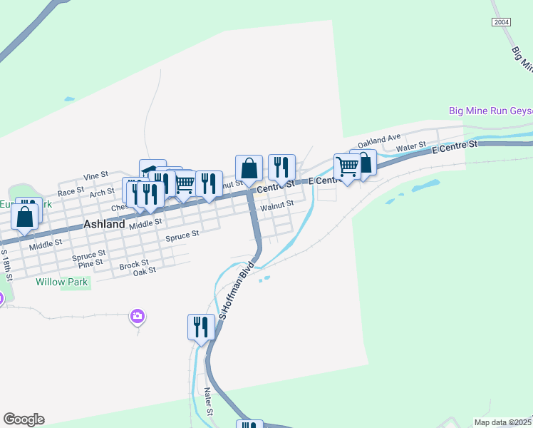 map of restaurants, bars, coffee shops, grocery stores, and more near 117 South Hoffman Boulevard in Ashland