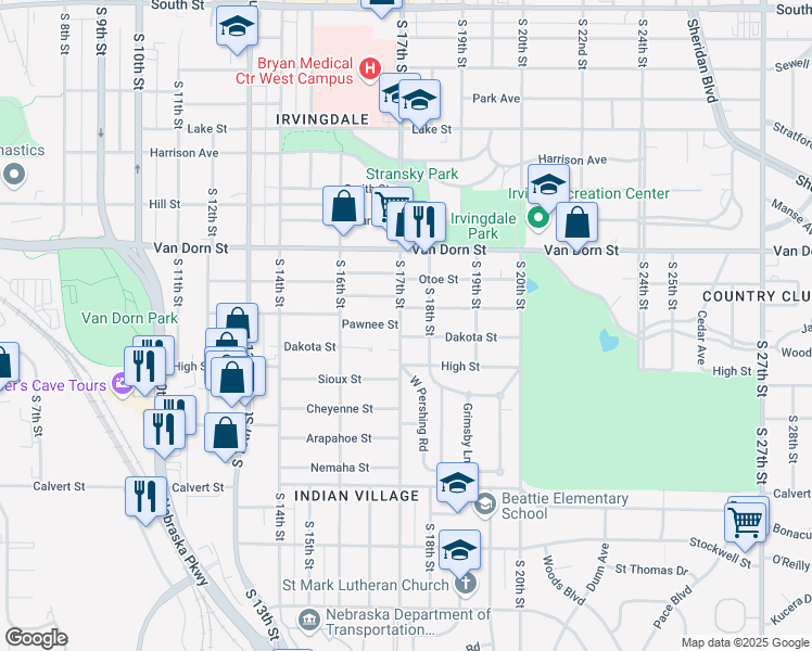 map of restaurants, bars, coffee shops, grocery stores, and more near 1730 Dakota Street in Lincoln