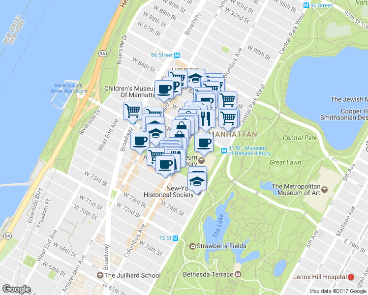 map of restaurants, bars, coffee shops, grocery stores, and more near 408 Columbus Avenue in New York