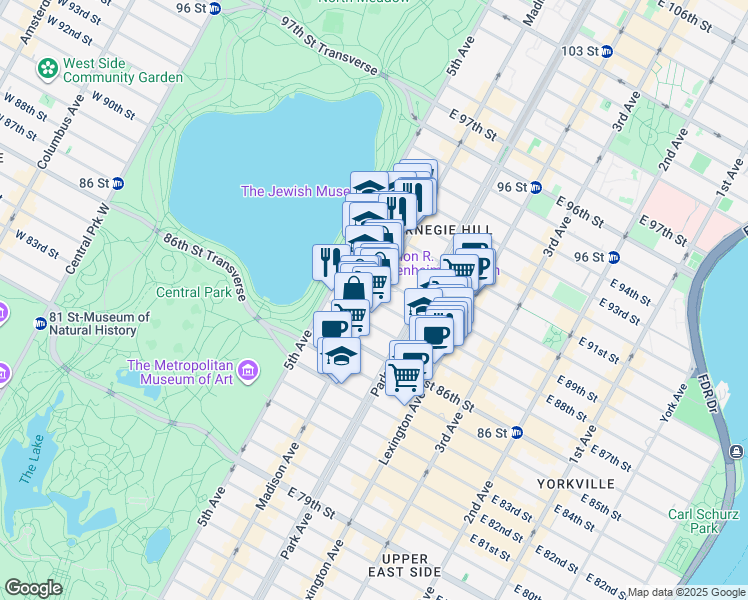 map of restaurants, bars, coffee shops, grocery stores, and more near 1212 Madison Avenue in New York