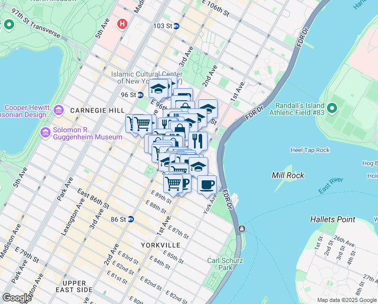 map of restaurants, bars, coffee shops, grocery stores, and more near 326 East 94th Street in New York