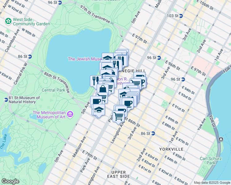 map of restaurants, bars, coffee shops, grocery stores, and more near 49 East 88th Street in New York