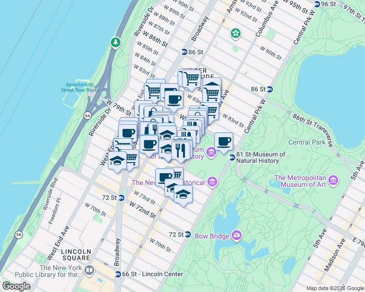 map of restaurants, bars, coffee shops, grocery stores, and more near 129 West 78th Street in New York