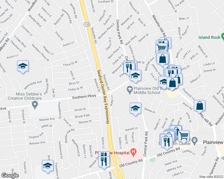 map of restaurants, bars, coffee shops, grocery stores, and more near 54 Southern Parkway in Plainview
