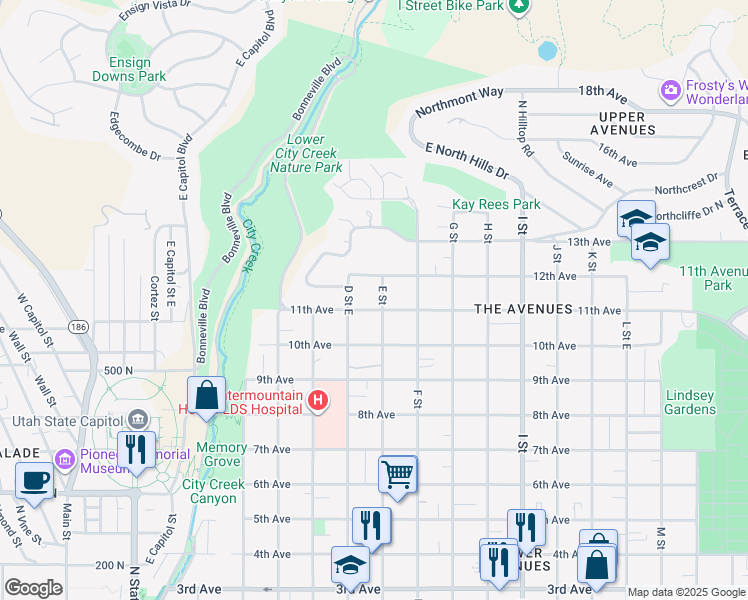 map of restaurants, bars, coffee shops, grocery stores, and more near 381 East 11th Avenue in Salt Lake City