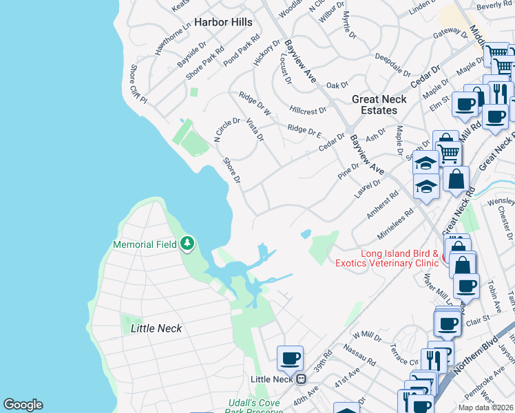 map of restaurants, bars, coffee shops, grocery stores, and more near 7 Juniper Drive in Great Neck
