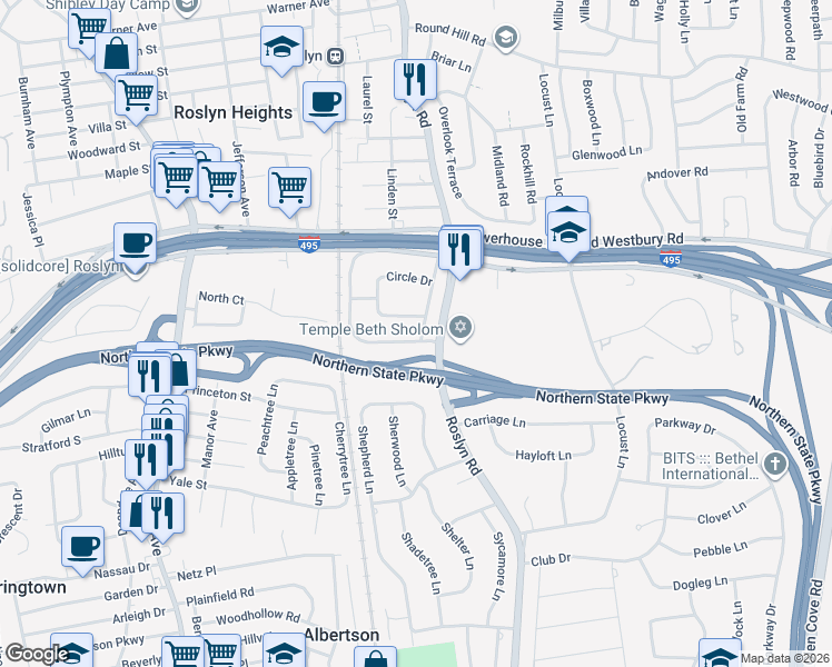 map of restaurants, bars, coffee shops, grocery stores, and more near 238 Parkside Drive in Roslyn Heights