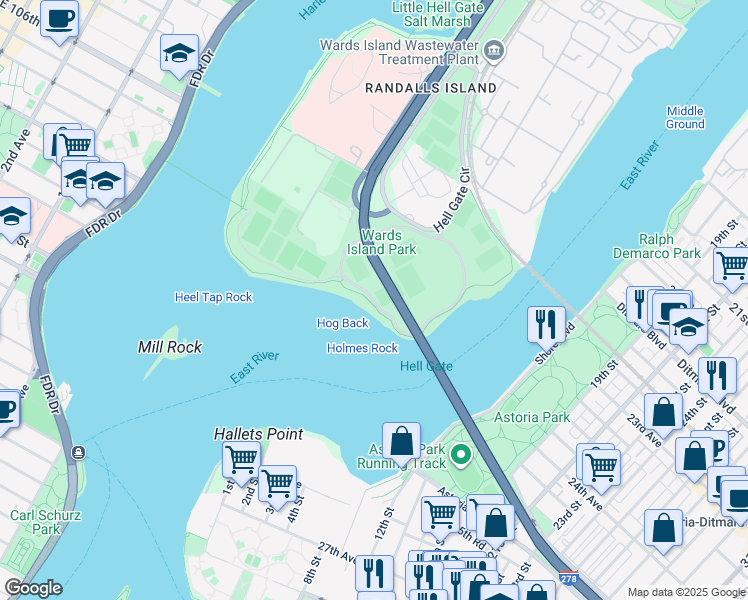 map of restaurants, bars, coffee shops, grocery stores, and more near Wards Meadow Loop in New York