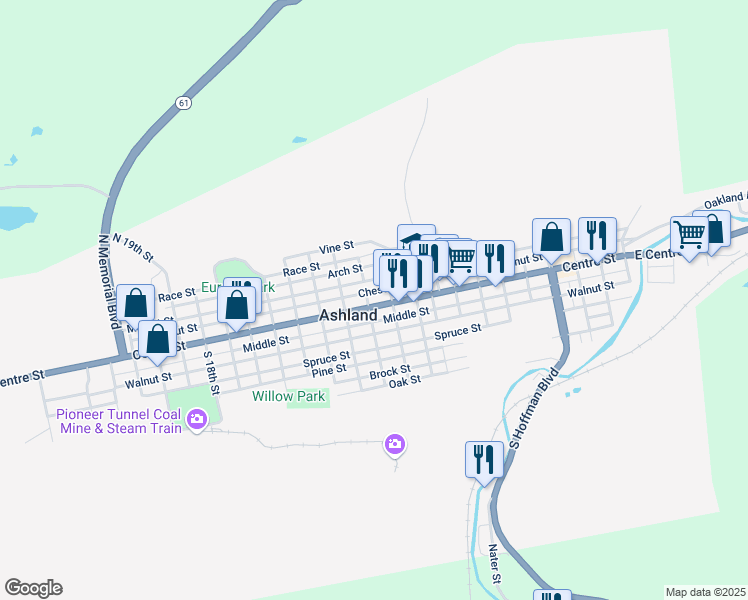 map of restaurants, bars, coffee shops, grocery stores, and more near 1031 Centre Street in Ashland