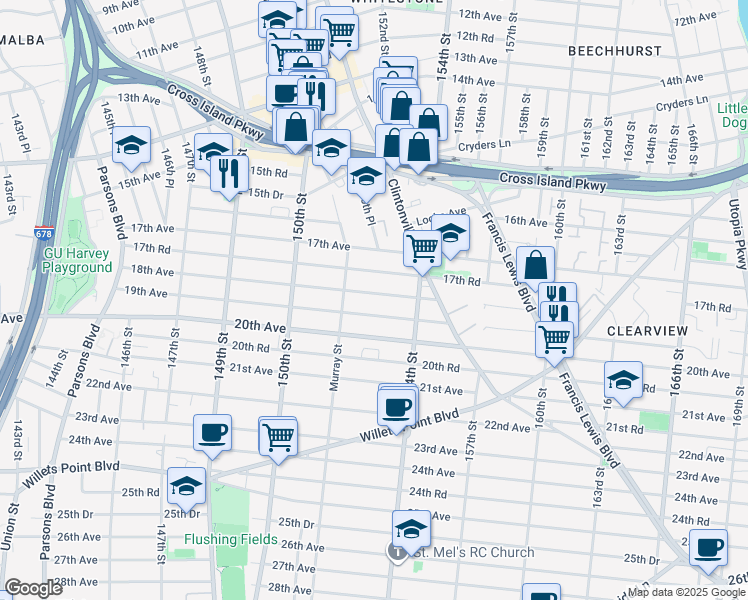 map of restaurants, bars, coffee shops, grocery stores, and more near 151-34 18th Avenue in Queens