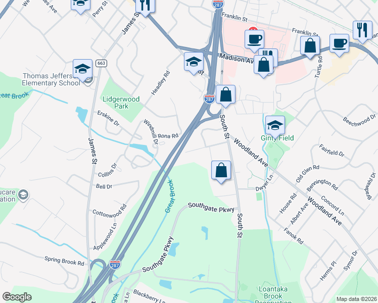 map of restaurants, bars, coffee shops, grocery stores, and more near 34 Sand Hill Road in Morristown
