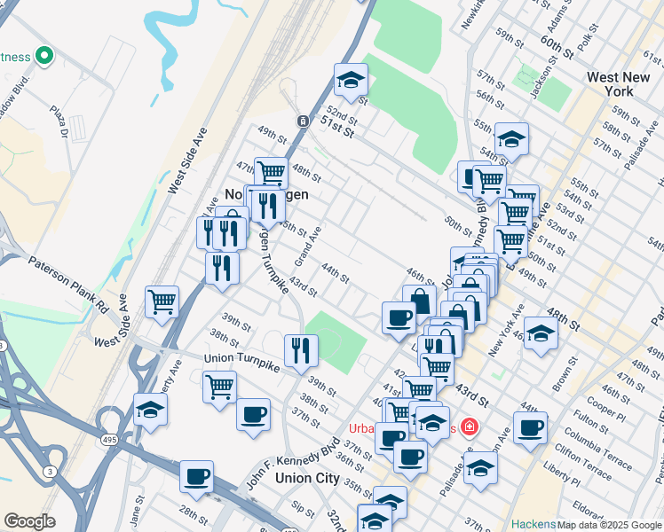 map of restaurants, bars, coffee shops, grocery stores, and more near 1410 44th Street in North Bergen