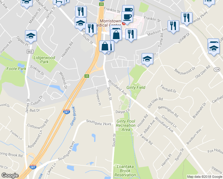 map of restaurants, bars, coffee shops, grocery stores, and more near 360 South Street in Morristown