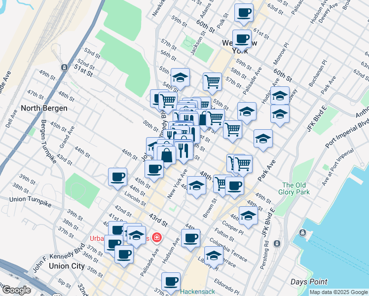 map of restaurants, bars, coffee shops, grocery stores, and more near 328 49th Street in Union City