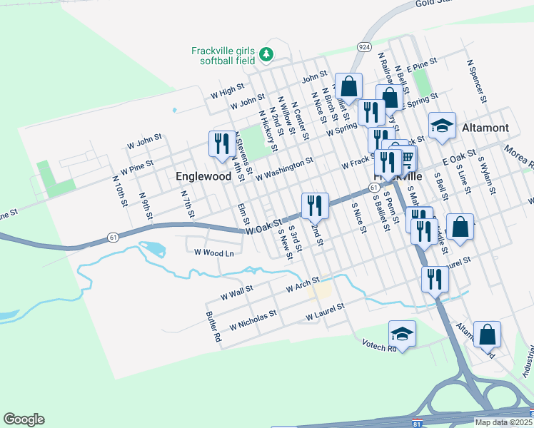 map of restaurants, bars, coffee shops, grocery stores, and more near 530 West Morris Street in Frackville