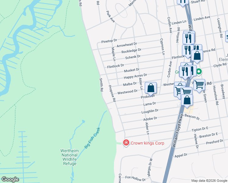 map of restaurants, bars, coffee shops, grocery stores, and more near 1 Westwood Drive in Shirley