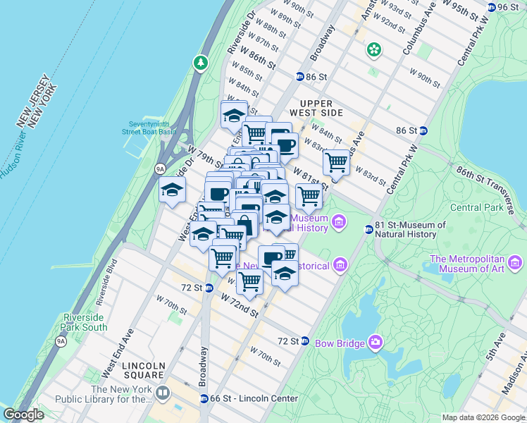map of restaurants, bars, coffee shops, grocery stores, and more near 170 West 78th Street in New York