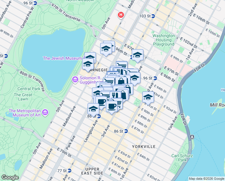 map of restaurants, bars, coffee shops, grocery stores, and more near 161 East 90th Street in New York