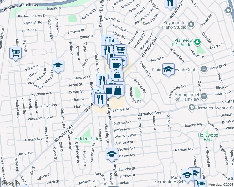 map of restaurants, bars, coffee shops, grocery stores, and more near 419 South Oyster Bay Road in Plainview