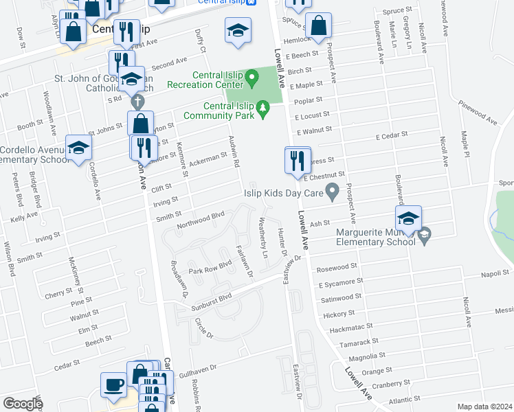 map of restaurants, bars, coffee shops, grocery stores, and more near 117 Sprucewood Boulevard in Central Islip