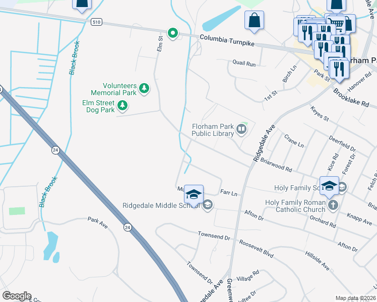 map of restaurants, bars, coffee shops, grocery stores, and more near 5 Murphy Circle in Florham Park