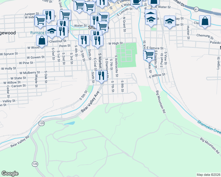map of restaurants, bars, coffee shops, grocery stores, and more near 500-598 South 7th Street in Shamokin