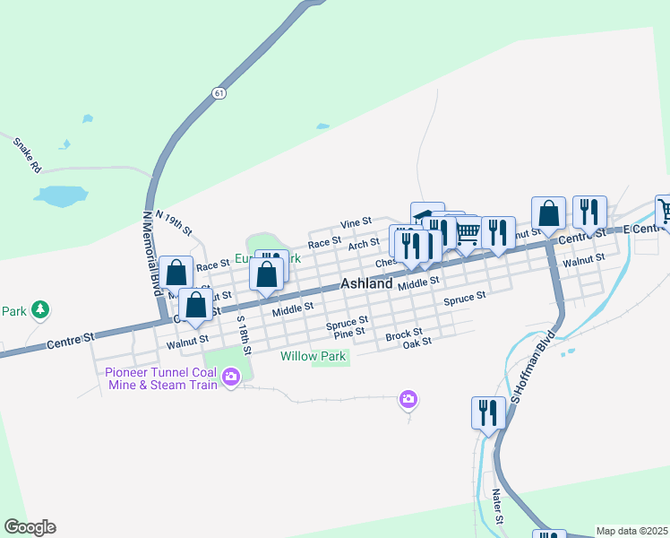 map of restaurants, bars, coffee shops, grocery stores, and more near 1304 Market Street in Ashland