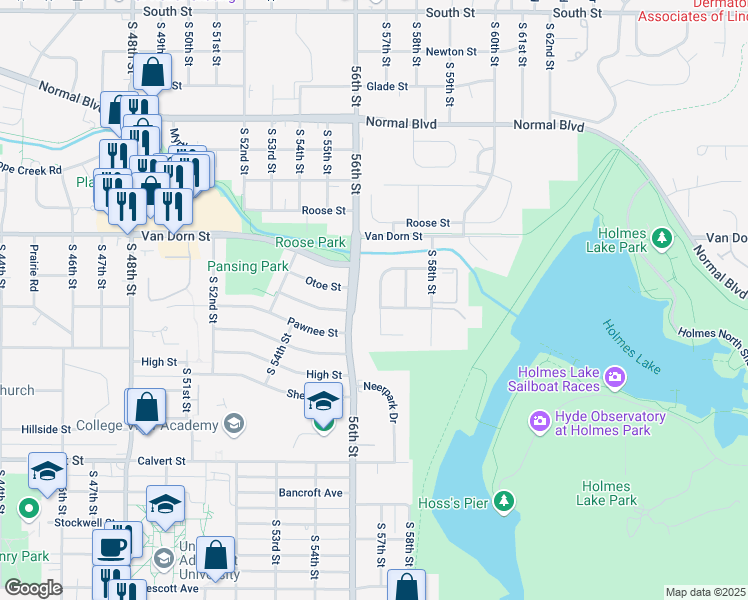 map of restaurants, bars, coffee shops, grocery stores, and more near 2937 South 57th Street in Lincoln