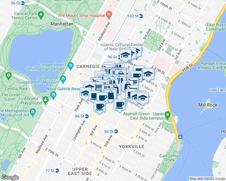 map of restaurants, bars, coffee shops, grocery stores, and more near 173 East 91st Street in New York