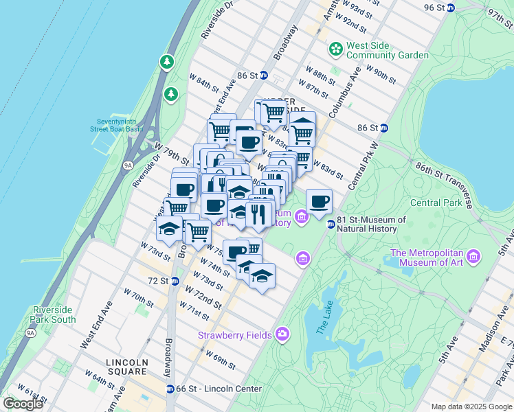 map of restaurants, bars, coffee shops, grocery stores, and more near 129 West 78th Street in New York