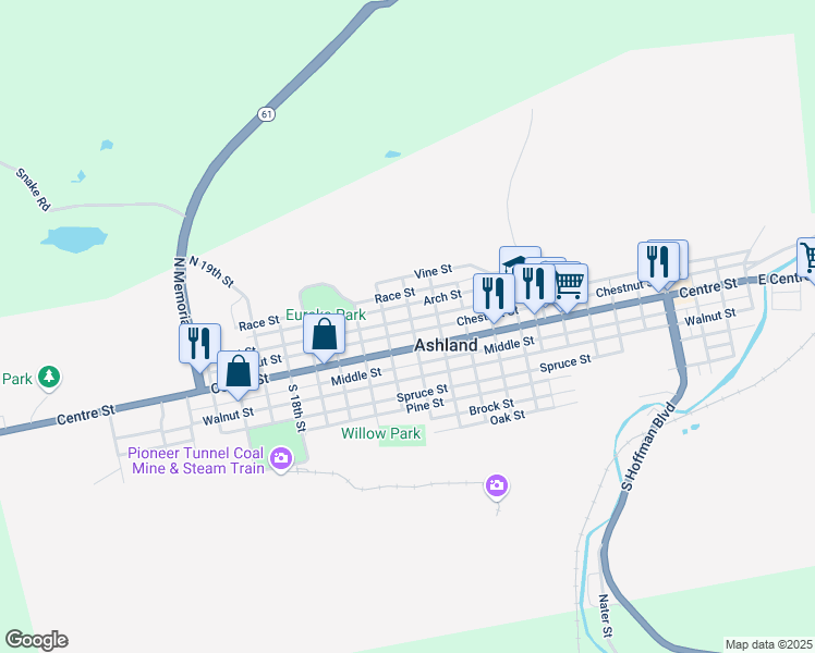 map of restaurants, bars, coffee shops, grocery stores, and more near 1304 Market Street in Ashland