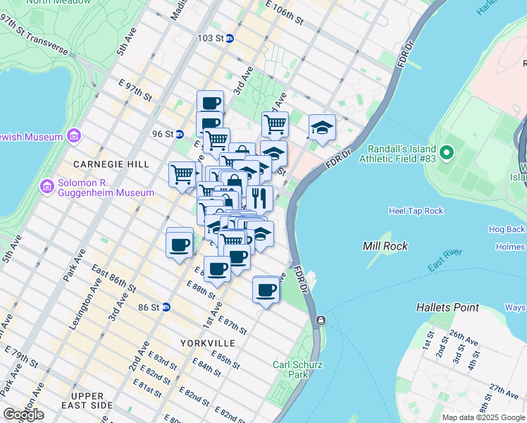 map of restaurants, bars, coffee shops, grocery stores, and more near 345 East 91st Street in New York